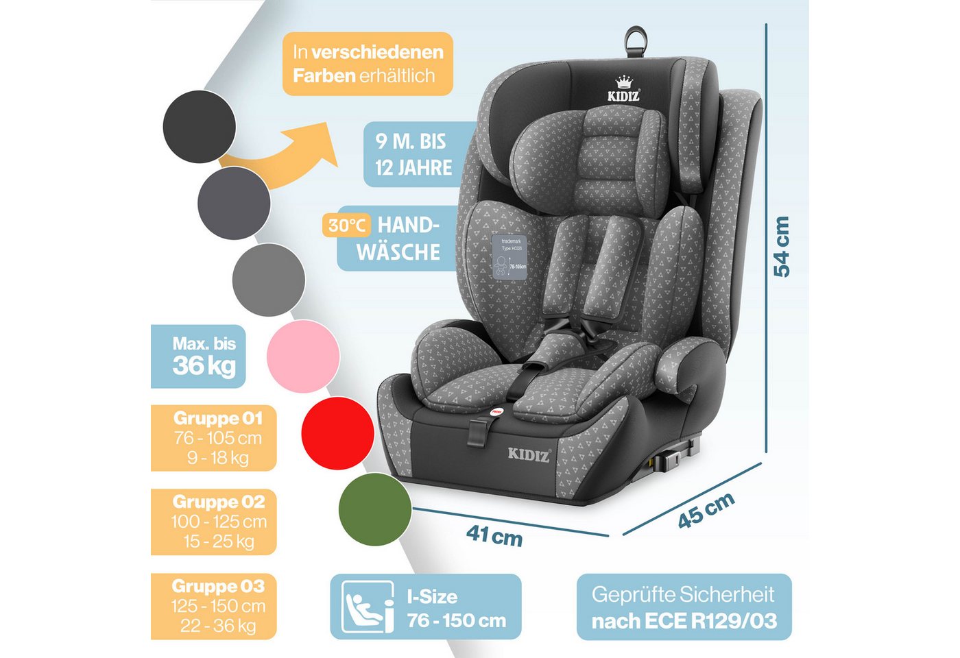 KIDIZ Autokindersitz, Kinderautositz Isofix 1-12 Jahre, Mitwachsend, Gruppe 1+2+3, 9-36 kg – Bild 2 von 5