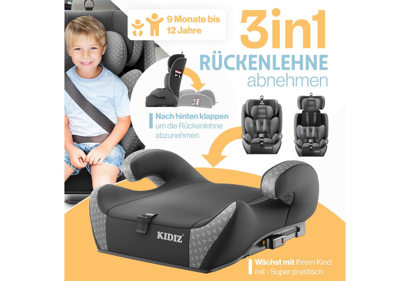 KIDIZ Autokindersitz, Kinderautositz Isofix 1-12 Jahre, Mitwachsend, Gruppe 1+2+3, 9-36 kg – Bild 3 von 5