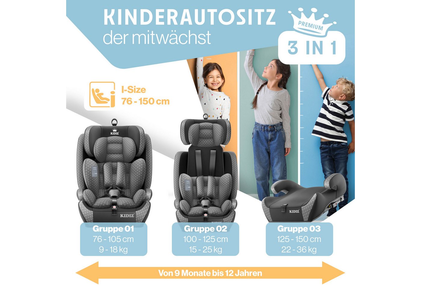 KIDIZ Autokindersitz, Kinderautositz Isofix 1-12 Jahre, Mitwachsend, Gruppe 1+2+3, 9-36 kg – Bild 4 von 5