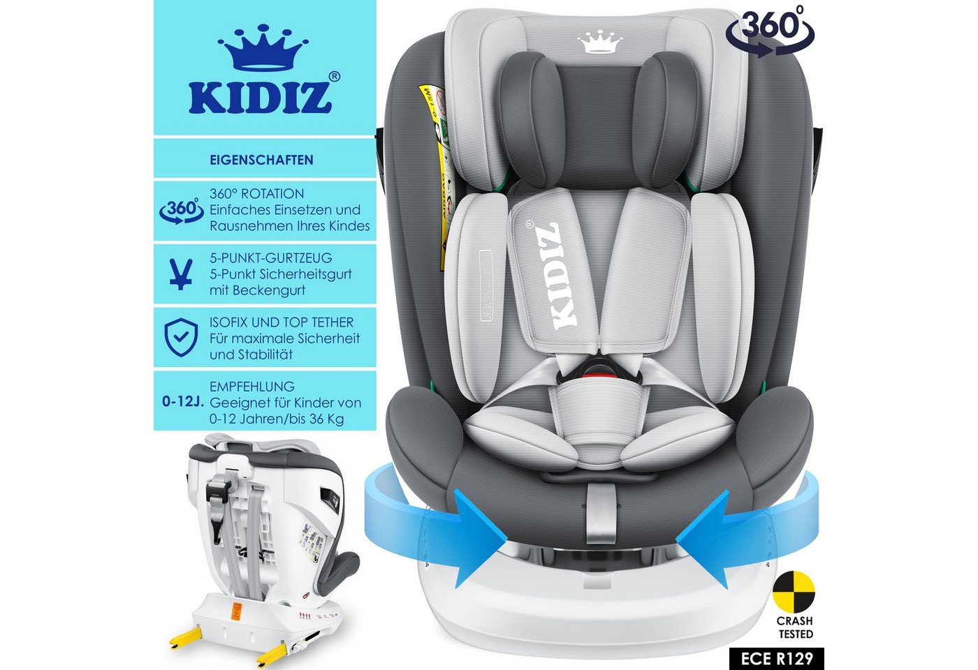 KIDIZ Autokindersitz, Kindersitz Baby Autositz Kinderautositz Isofix Top Tether 360 – Bild 2 von 5