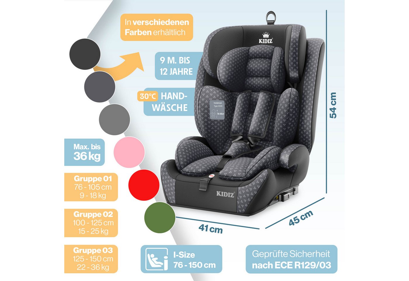 KIDIZ Autokindersitz, Kinderautositz Isofix 1-12 Jahre, Mitwachsend, Gruppe 1+2+3, 9-36 kg – Bild 2 von 5