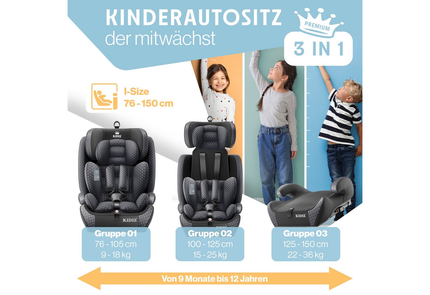 KIDIZ Autokindersitz, Kinderautositz Isofix 1-12 Jahre, Mitwachsend, Gruppe 1+2+3, 9-36 kg – Bild 4 von 5