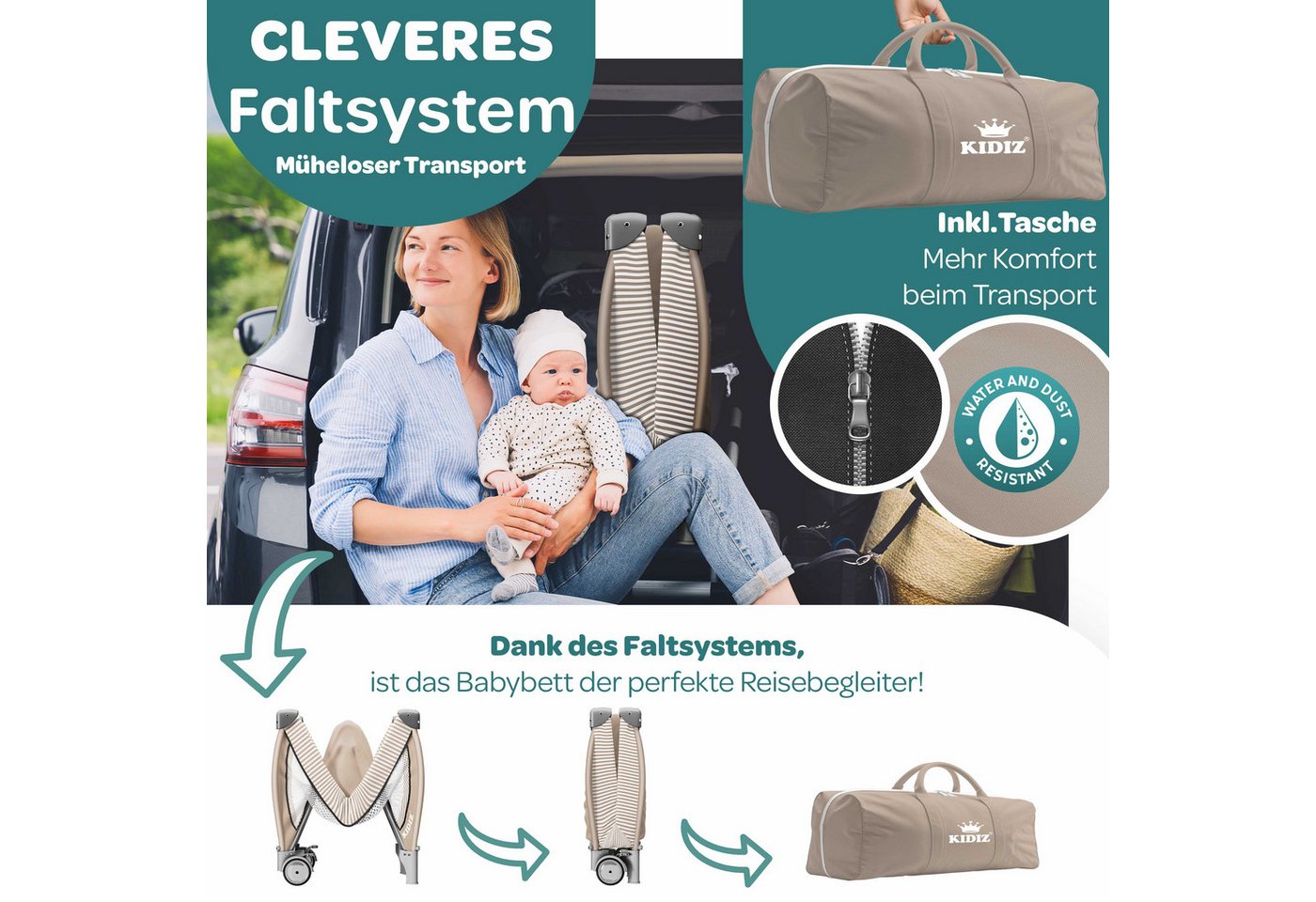 KIDIZ Baby-Reisebett, Babybett Kombi Set mit Matratze & Wickelauflage ab Geburt bis 15 kg – Bild 2 von 5