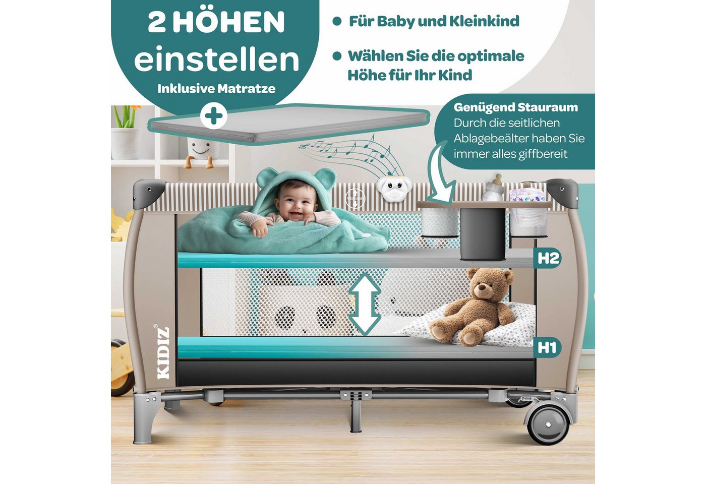 KIDIZ Baby-Reisebett, Babybett Kombi Set mit Matratze & Wickelauflage ab Geburt bis 15 kg – Bild 3 von 5