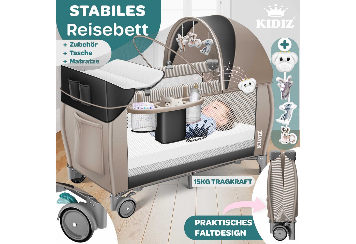 KIDIZ Baby-Reisebett, Babybett Kombi Set mit Matratze & Wickelauflage ab Geburt bis 15 kg – Bild 4 von 5