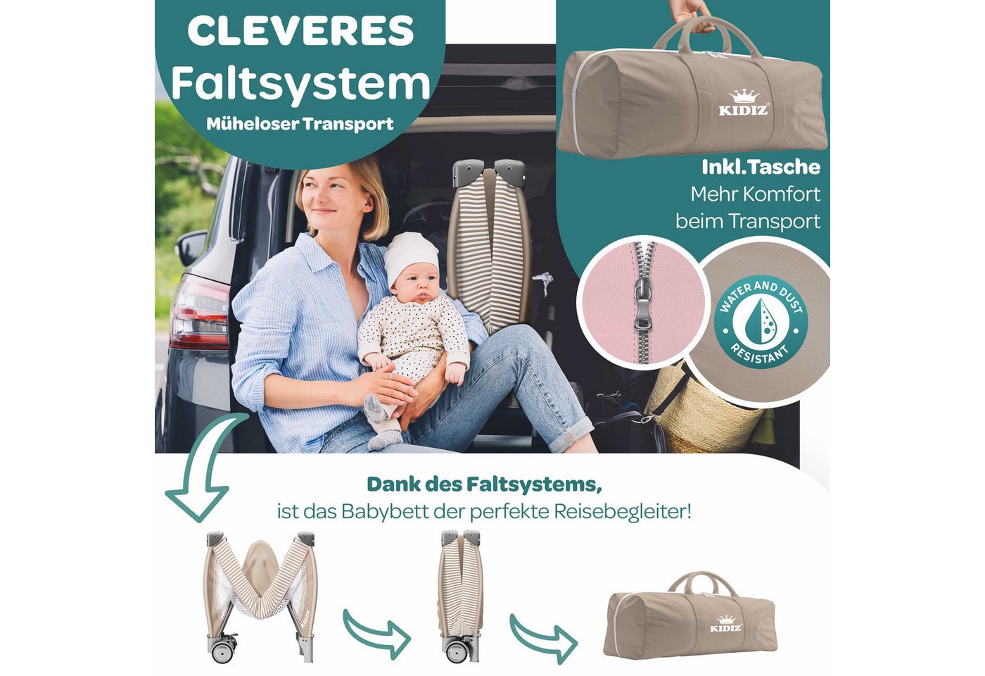 KIDIZ Baby-Reisebett, Babybett Kombi Set mit Matratze & Wickelauflage ab Geburt bis 15 kg – Bild 2 von 5