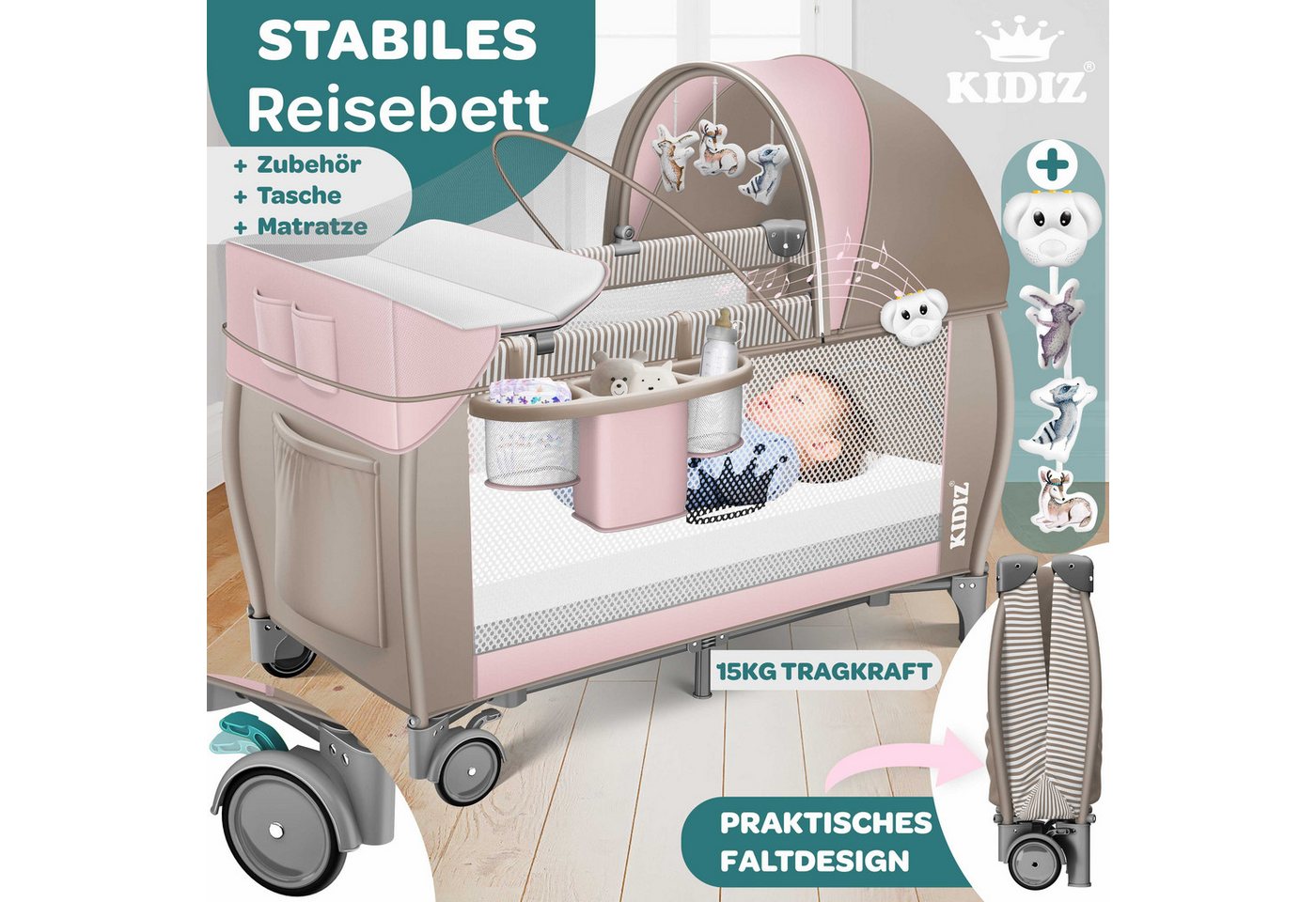 KIDIZ Baby-Reisebett, Babybett Kombi Set mit Matratze & Wickelauflage ab Geburt bis 15 kg – Bild 4 von 5