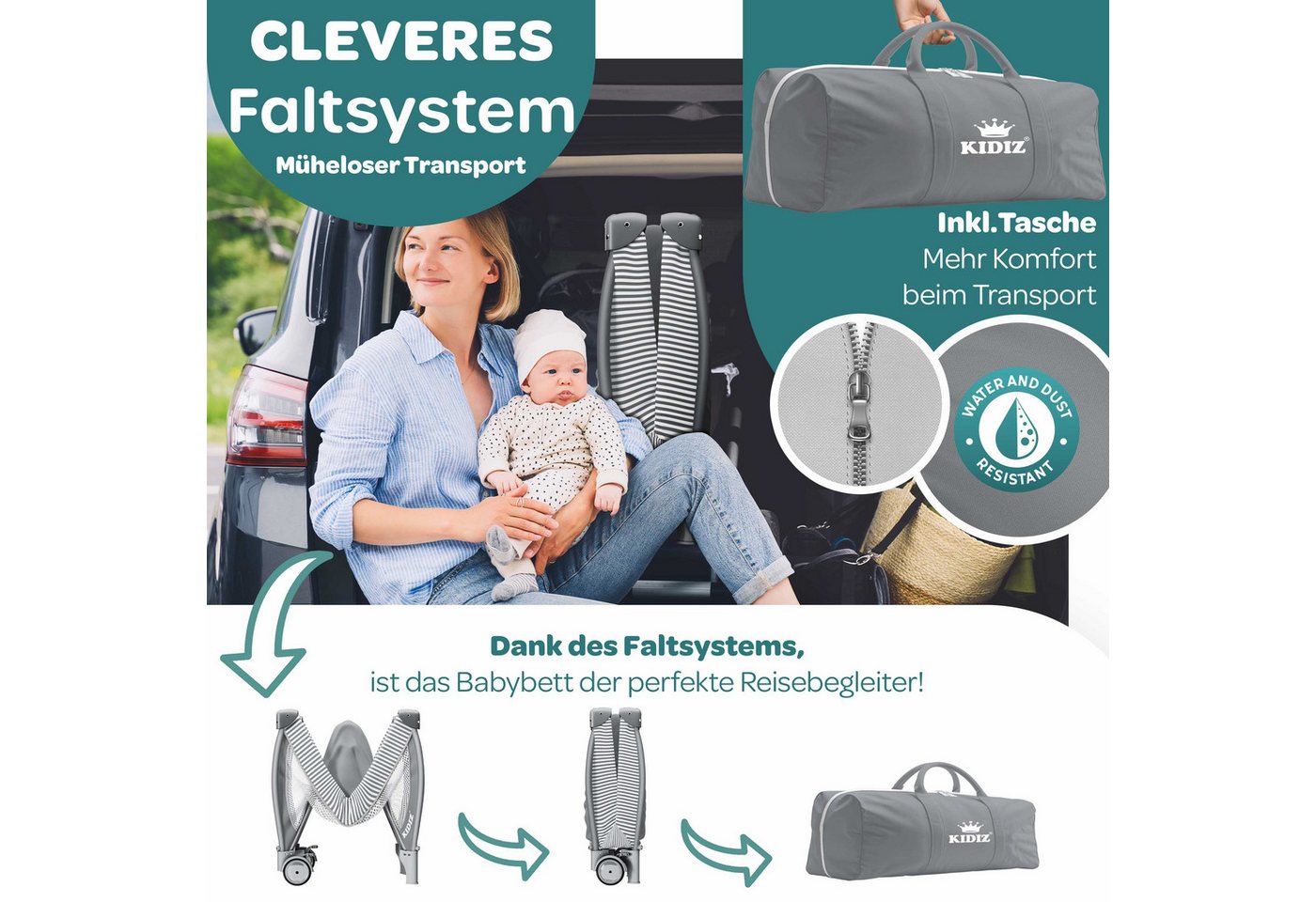 KIDIZ Baby-Reisebett, Babybett Kombi Set mit Matratze & Wickelauflage ab Geburt bis 15 kg – Bild 2 von 5