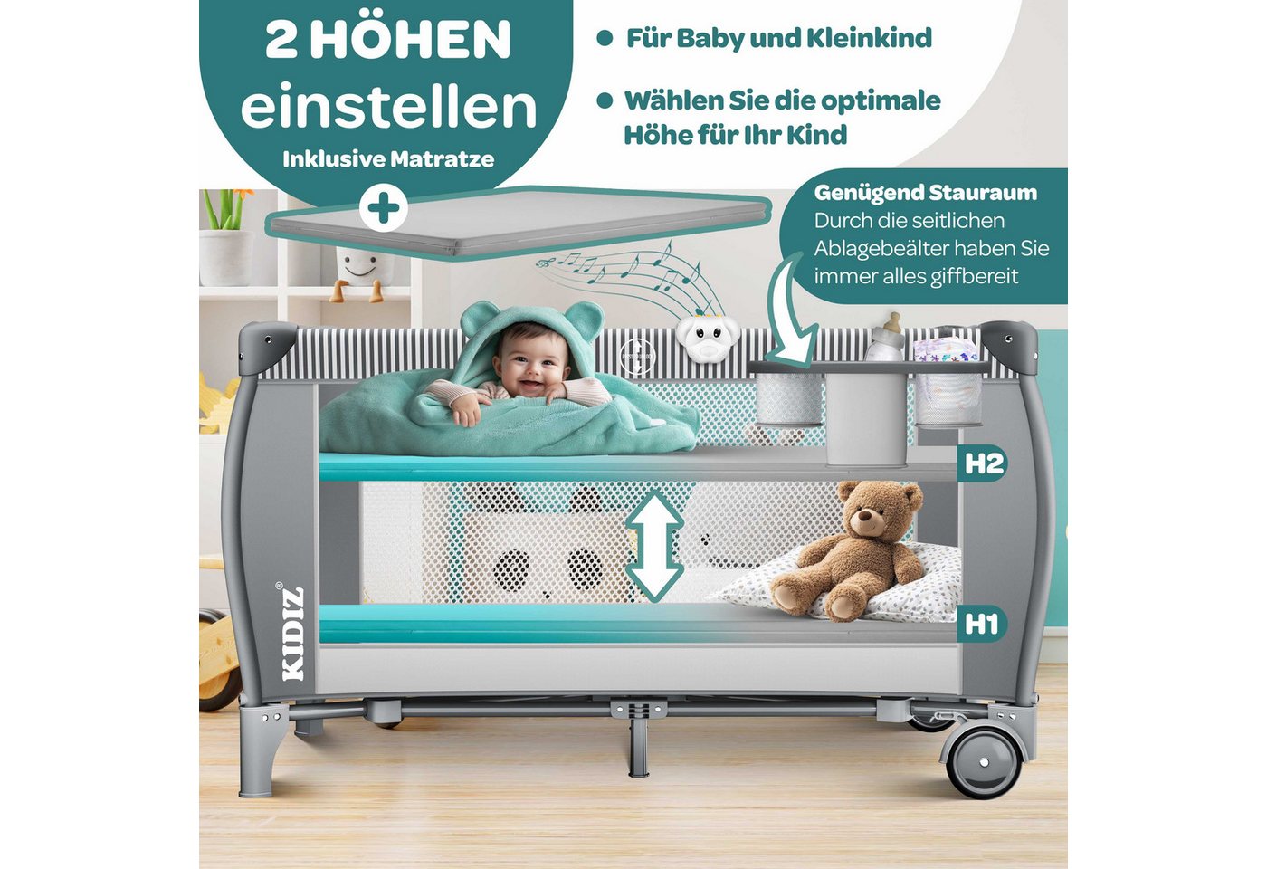 KIDIZ Baby-Reisebett, Babybett Kombi Set mit Matratze & Wickelauflage ab Geburt bis 15 kg – Bild 3 von 5