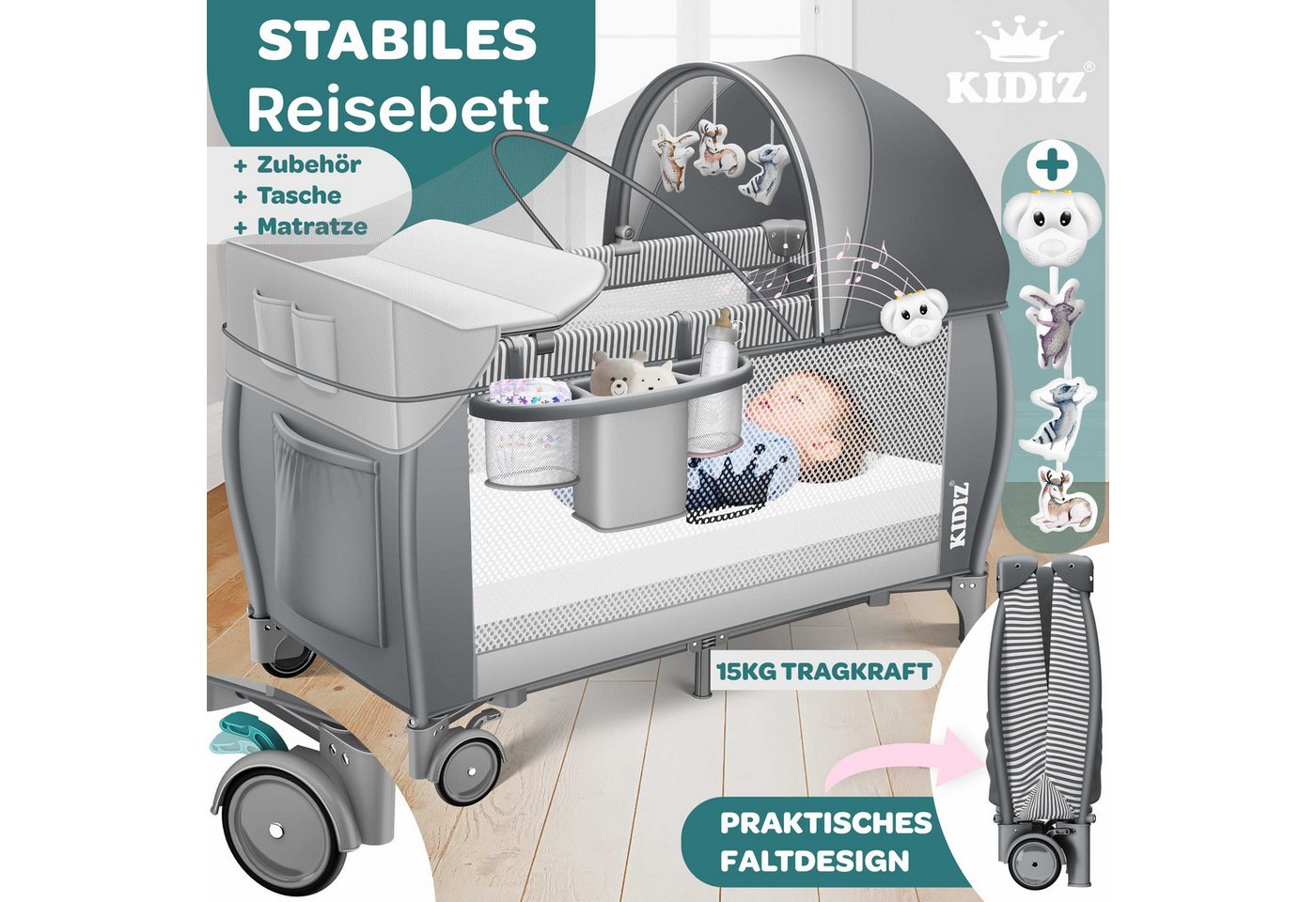 KIDIZ Baby-Reisebett, Babybett Kombi Set mit Matratze & Wickelauflage ab Geburt bis 15 kg – Bild 4 von 5