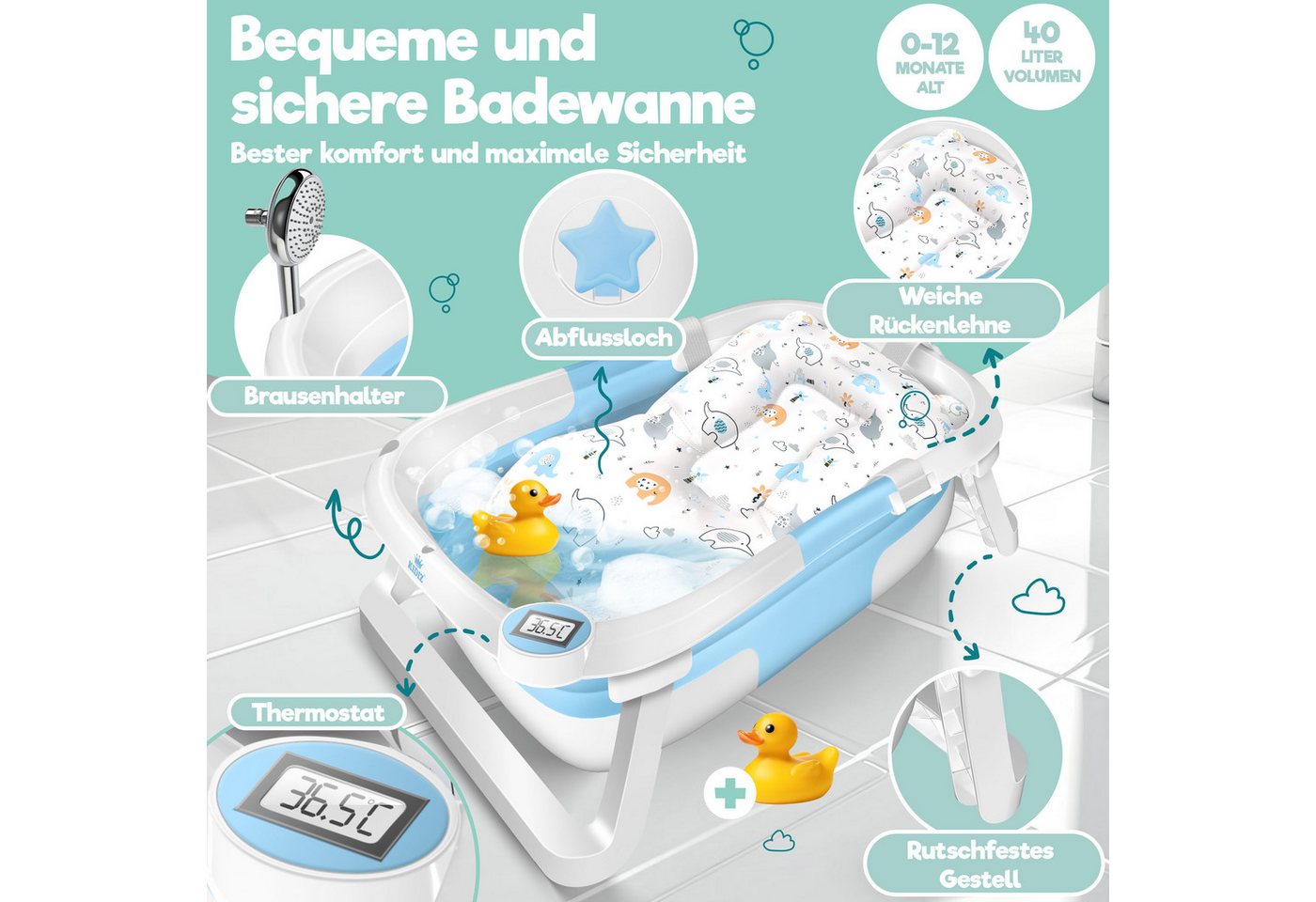 KIDIZ Babybadewanne, Baby Badewanne für Neugeborene Kleinkinder 0-12 Monate Babywanne – Bild 2 von 5
