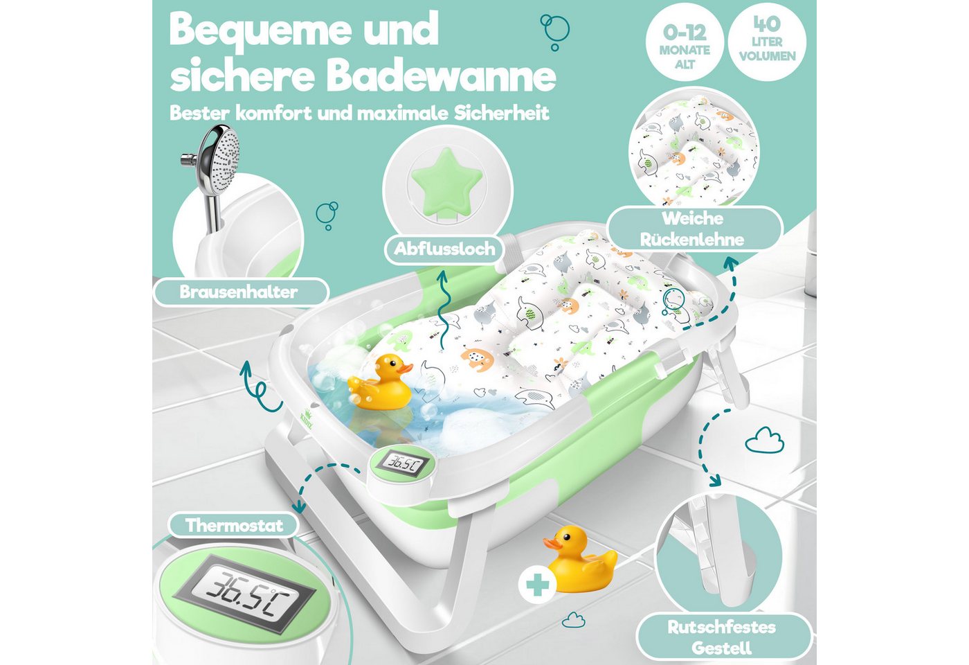 KIDIZ Babybadewanne, Baby Badewanne für Neugeborene Kleinkinder 0-12 Monate Babywanne – Bild 2 von 5