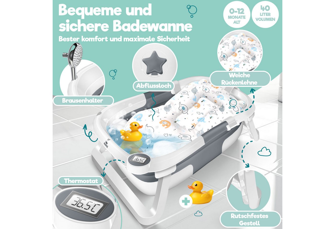 KIDIZ Babybadewanne, Baby Badewanne für Neugeborene Kleinkinder 0-12 Monate Babywanne – Bild 2 von 5