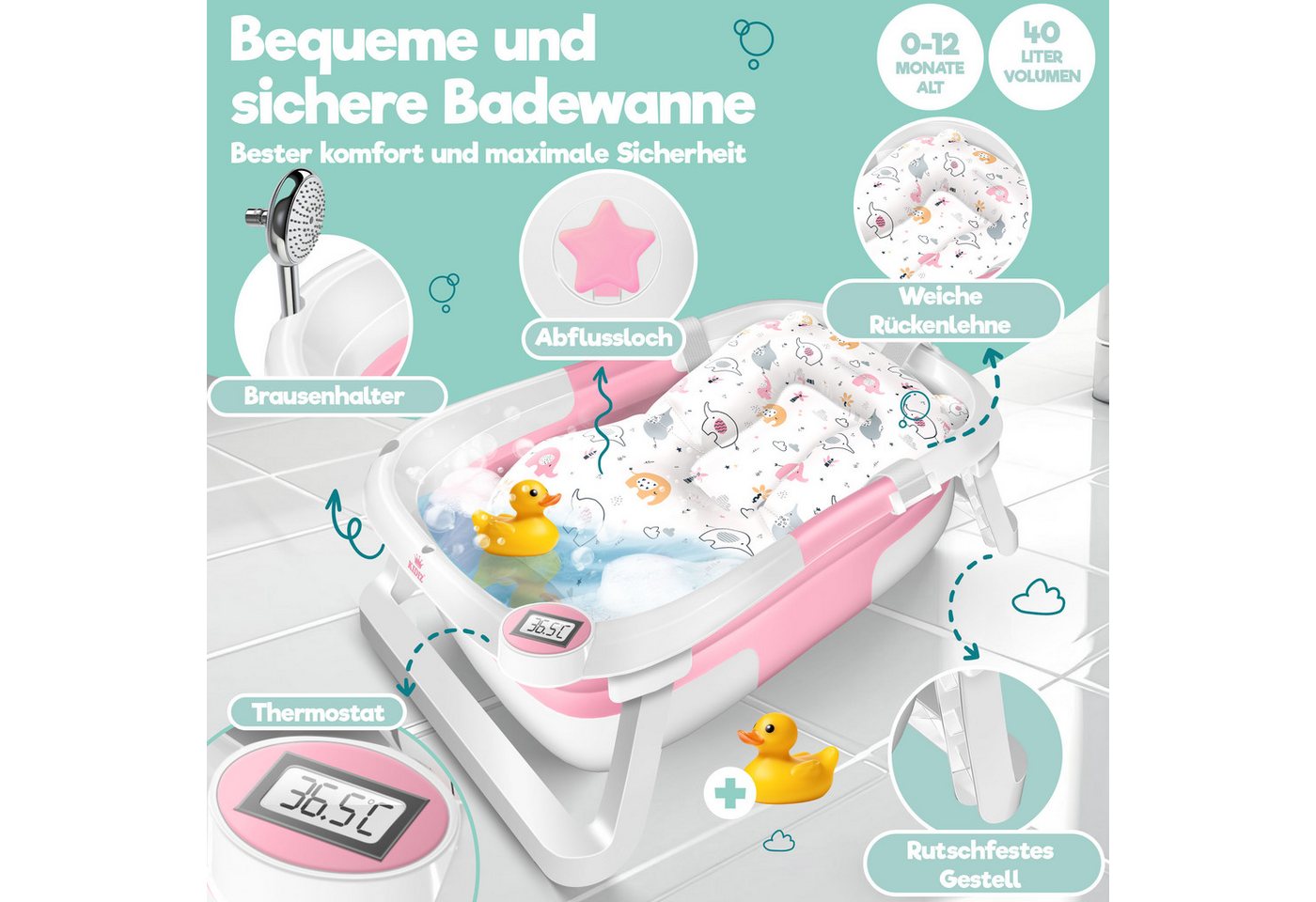 KIDIZ Babybadewanne, Baby Badewanne für Neugeborene Kleinkinder 0-12 Monate Babywanne – Bild 2 von 5