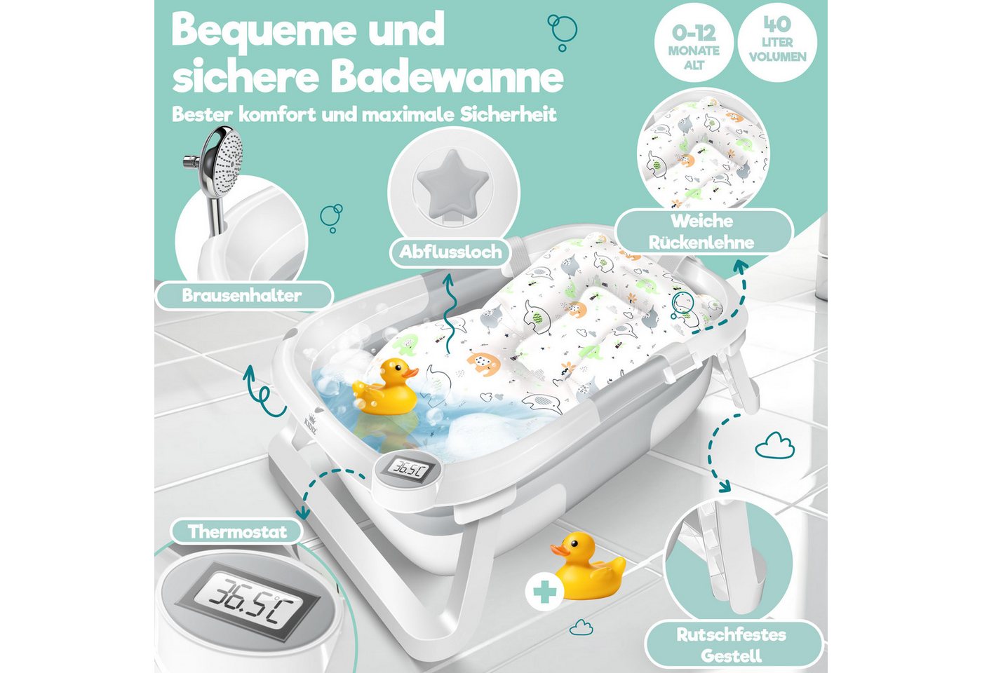 KIDIZ Babybadewanne, Baby Badewanne für Neugeborene Kleinkinder 0-12 Monate Babywanne – Bild 2 von 5