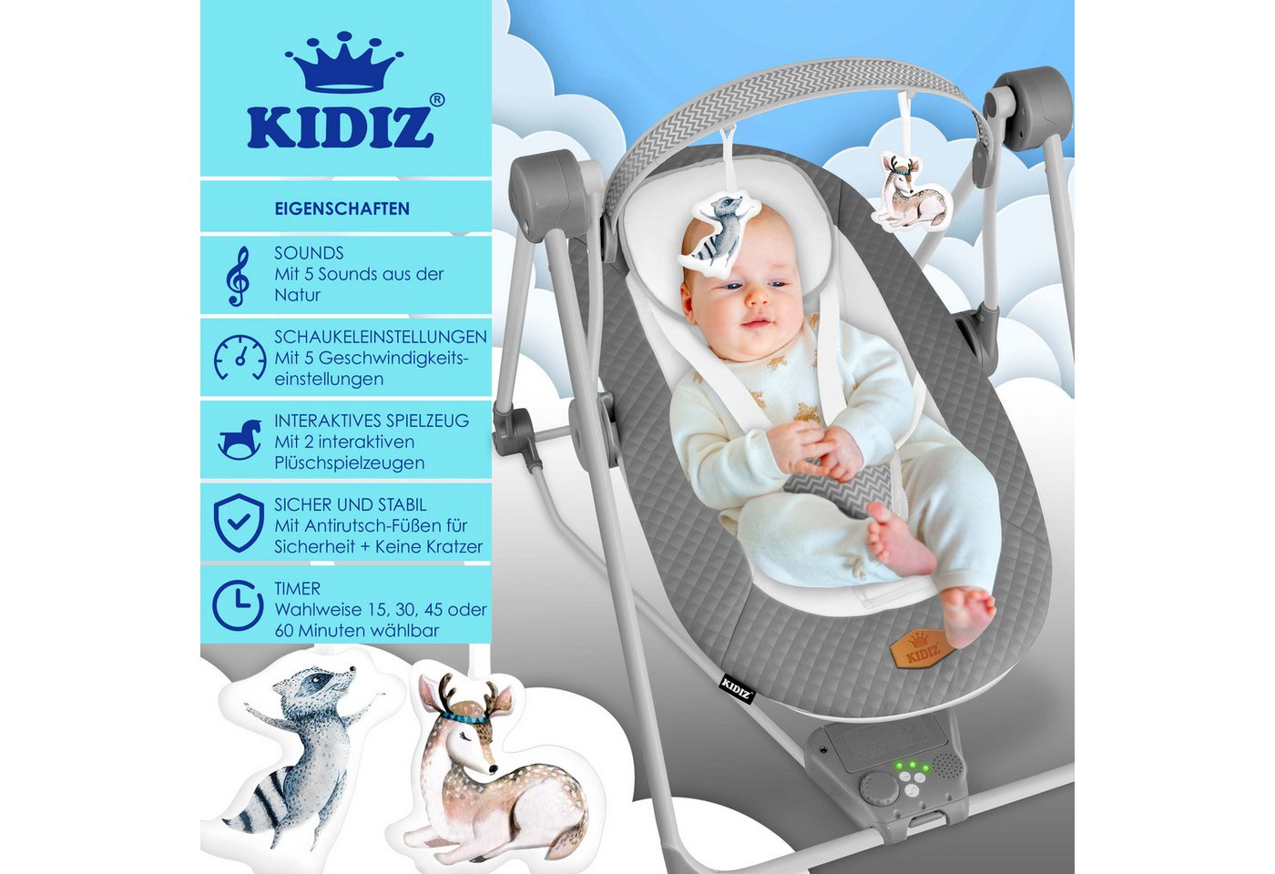 KIDIZ Babywippe, Babywippe Babyschaukel mit Geschwindigkeitseinstellungen – Bild 2 von 5