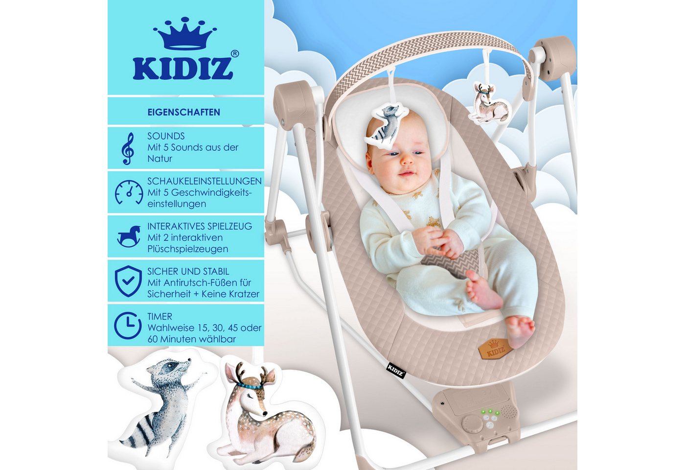 KIDIZ Babywippe, Babywippe Babyschaukel mit Geschwindigkeitseinstellungen – Bild 2 von 5