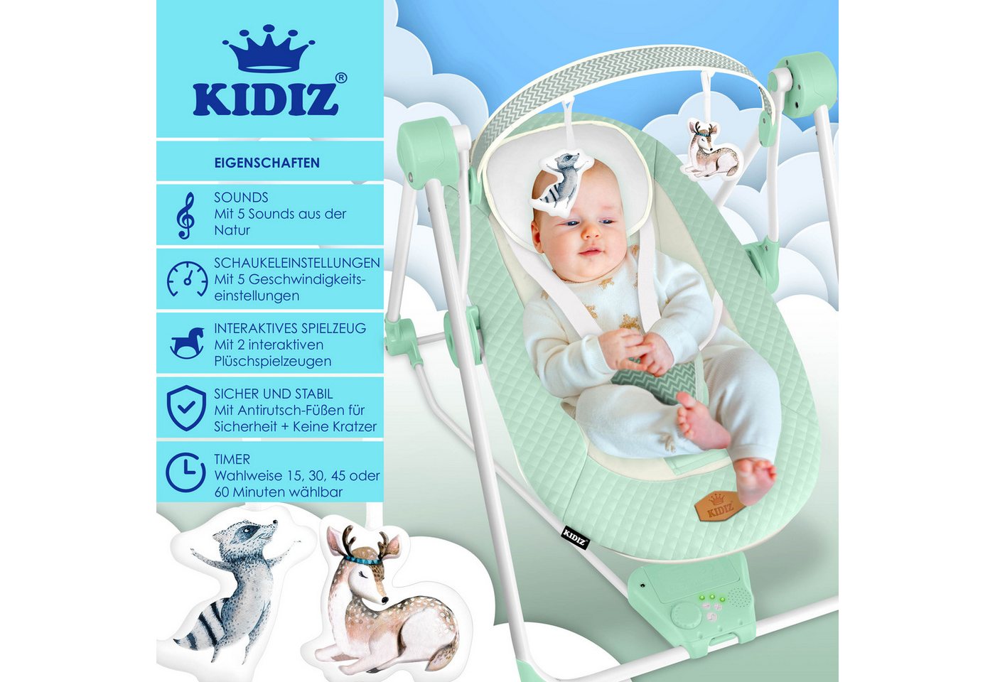 KIDIZ Babywippe, Babywippe Babyschaukel mit Geschwindigkeitseinstellungen – Bild 2 von 5