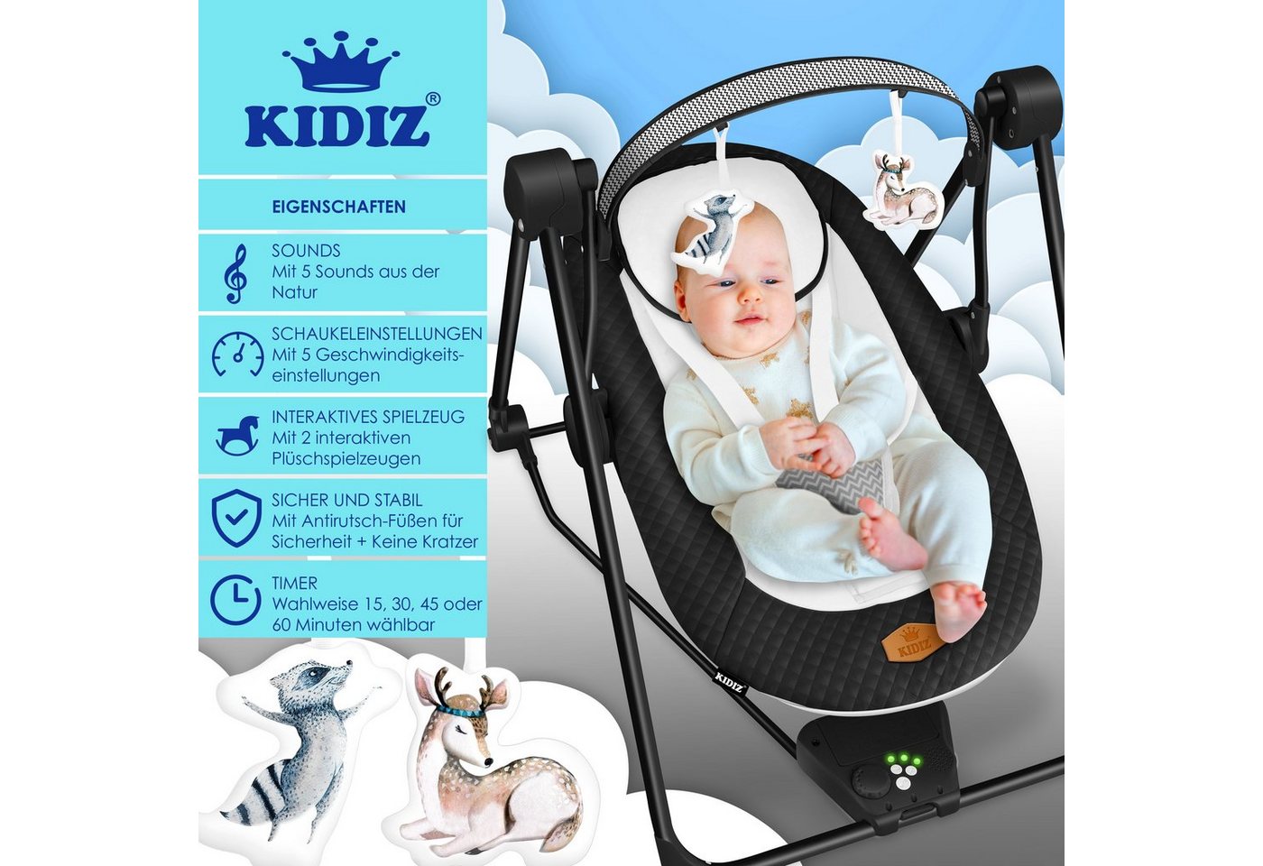 KIDIZ Babywippe, Babywippe Babyschaukel mit Geschwindigkeitseinstellungen – Bild 2 von 5