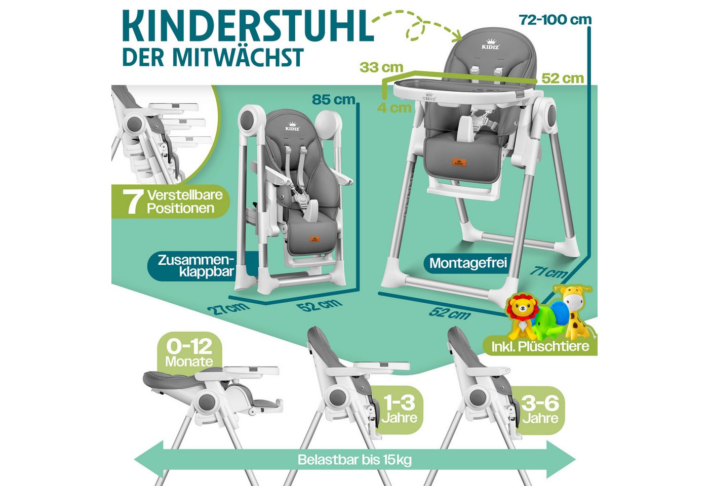KIDIZ Kinderklappstuhl, 3in1 Kinderstuhl inkl. Spielbügel Babyliege – Bild 2 von 5