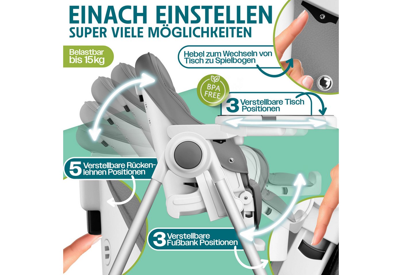 KIDIZ Kinderklappstuhl, 3in1 Kinderstuhl inkl. Spielbügel Babyliege – Bild 4 von 5