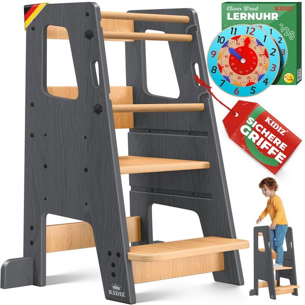 KIDIZ Stehhilfe (Tritthocker inklusive Lernuhr & abnehmbarer Anti-Kipp-Schutz), 3-stufig Höhenverstellbar, spielerisch motorische Fähigkeiten fördern