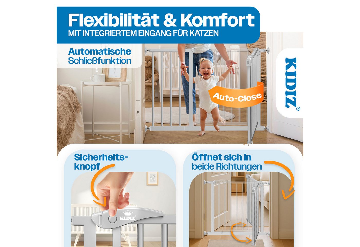 KIDIZ Türschutzgitter, auch als Schutzgitter für Treppen, Auto Close, Kinder Treppengitter – Bild 4 von 5