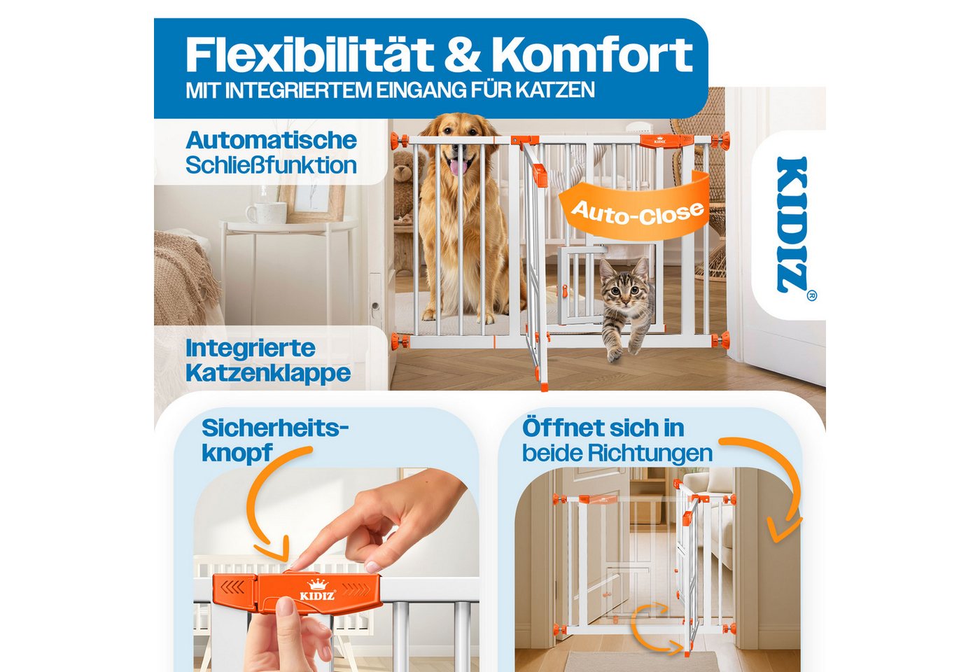 KIDIZ Türschutzgitter, Absperrgitter zum Klemmen mit Katzenklappe Treppenschutzgitter – Bild 4 von 5
