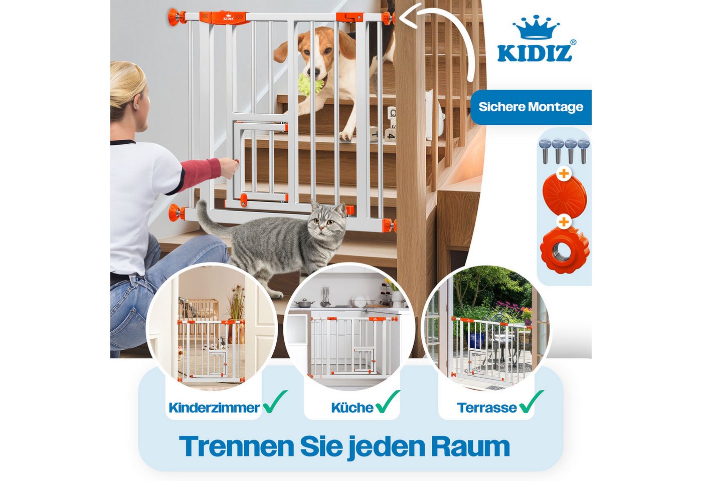 KIDIZ Türschutzgitter, Absperrgitter zum Klemmen mit Katzenklappe Treppenschutzgitter – Bild 5 von 5