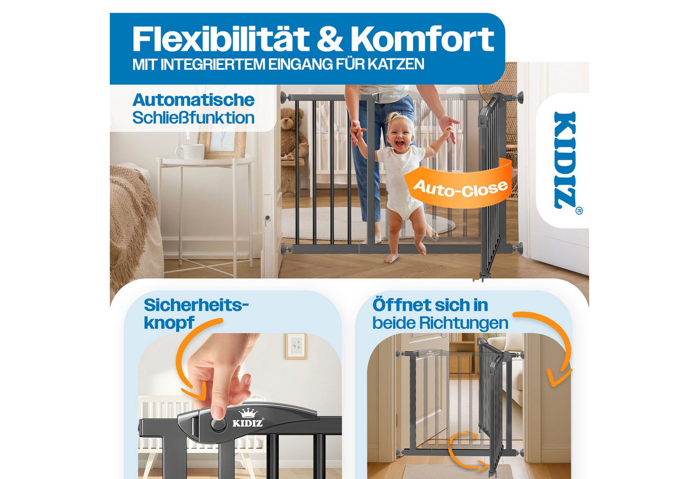 KIDIZ Türschutzgitter, auch als Schutzgitter für Treppen, Auto Close, Kinder Treppengitter – Bild 4 von 5