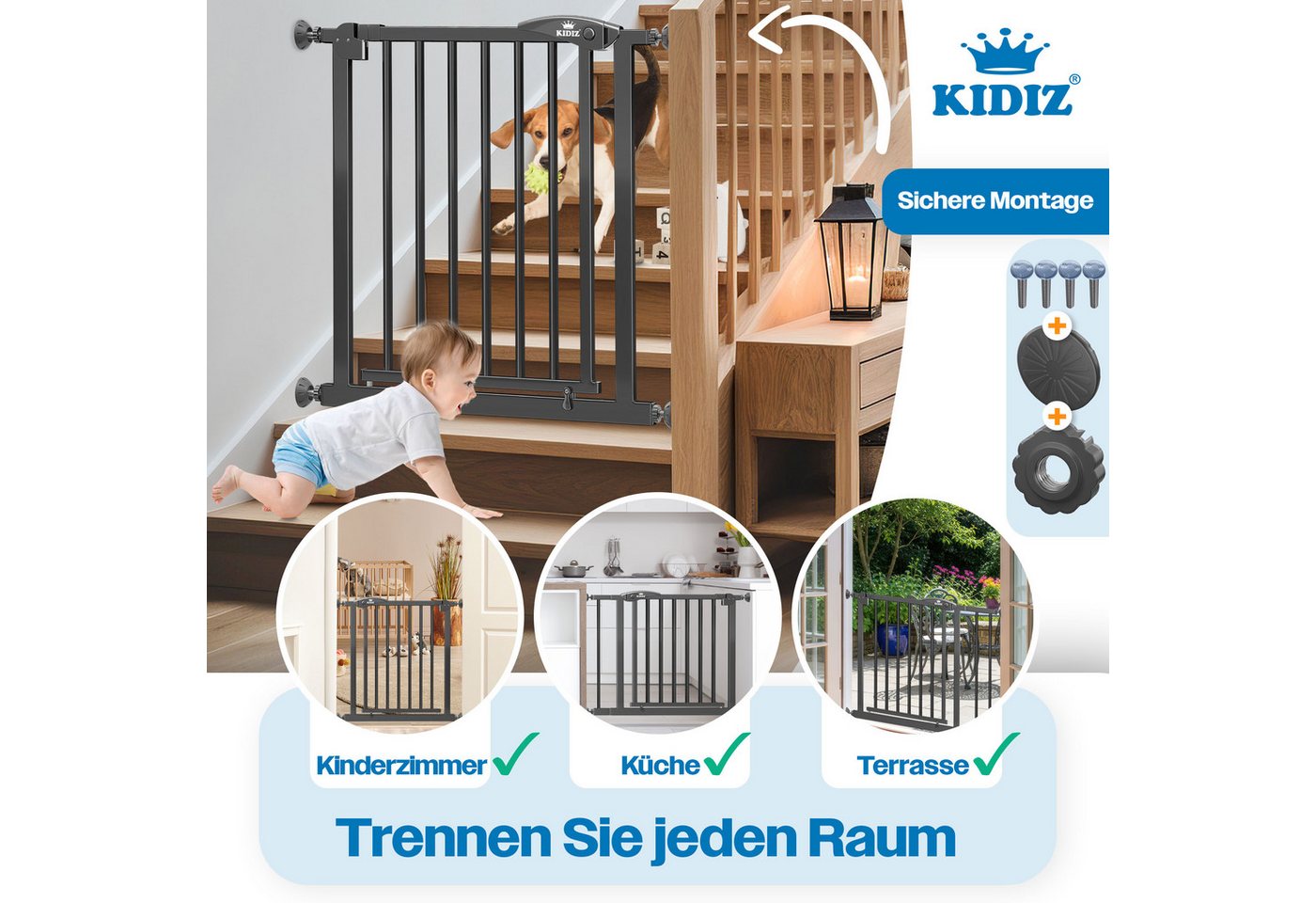 KIDIZ Türschutzgitter, auch als Schutzgitter für Treppen, Auto Close, Kinder Treppengitter – Bild 5 von 5