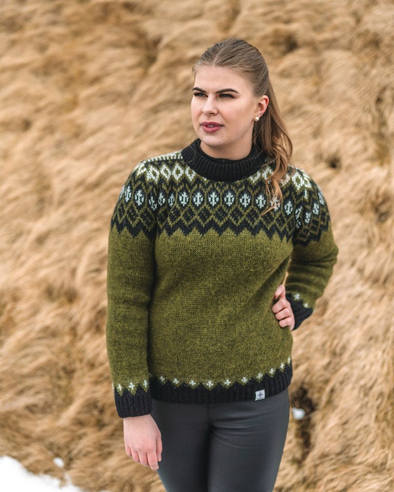 KIDKA Wollpullover Isländischer Strickpullover für Damen / Herren - Farbe grün / schwarz - Isländische Schurwolle ist warm, atmungsaktiv, leicht, kann pieksen – Bild 3 von 4