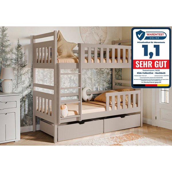 Kids Collective Hochbett 80x180, 90x200 cm mit 2 Schubladen Kinderbett mit Rausfallschutz Lattenrost, umbaubar in 2 Kinderbetten, Kaschmir, 200x90, mit Matratze