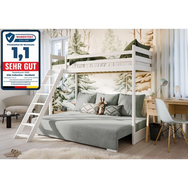 Kids Collective Hochbett 90x200 cm mit Schlafsofa 140x200 cm Couch in Cord-Stoff, 3 Kissen (Stockbett mit Leiter und Schlafcouch 200x140) OEKO TEX 100 mit 3 Kis