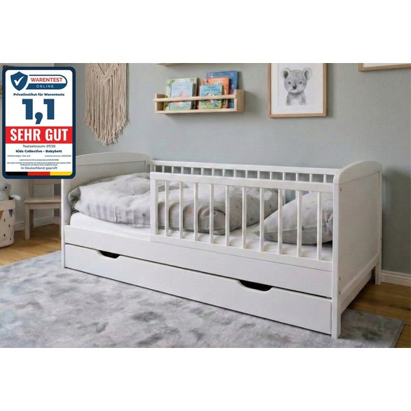 Kids Collective Kinderbett 70x140 cm mit Schublade, Lattenrost und Rausfallschutz in weiß, mit Bettkasten, Made in Europe, Junior-Bett bis zum 6. Lebensjahr