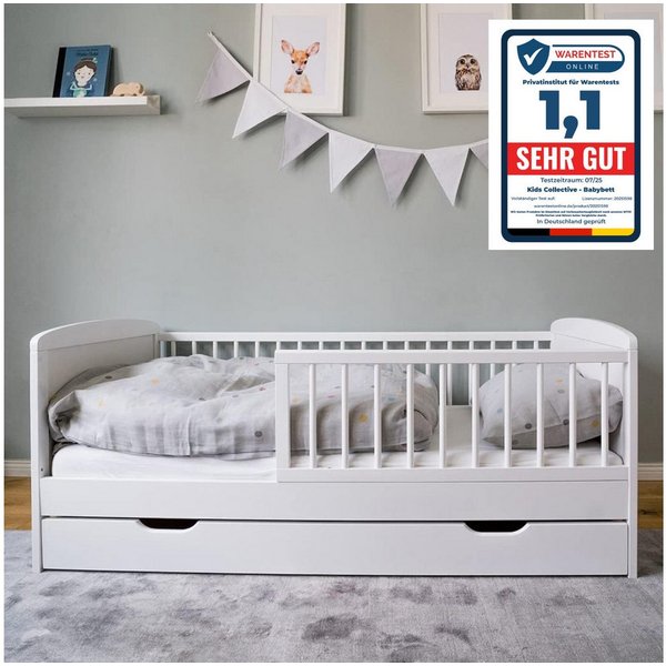 Kids Collective Kinderbett 70x140 cm mit Schublade, Lattenrost und Rausfallschutz in weiß, mit Bettkasten, Made in Europe, Junior-Bett bis zum 6. Lebensjahr