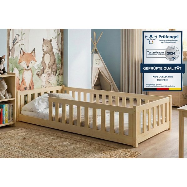 Kids Collective Kinderbett Bodenbett Bett mit Rausfallschutz & Lattenrost Montessori Bett Kinder (Jungen, Mädchen, Kinder, weitere Größen 80x180, 90x190, 90x200