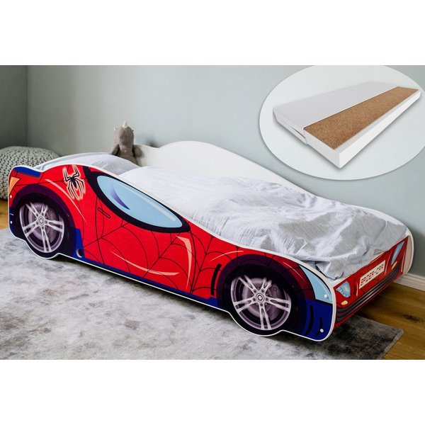 Kids Collective Kinderbett Kinderbett Jugendbett Spider 70x140, 80x160 cm mit Rausfallschutz, Autobett mit Matratze, Lattenrost und Fallschutz 80x160 cm
