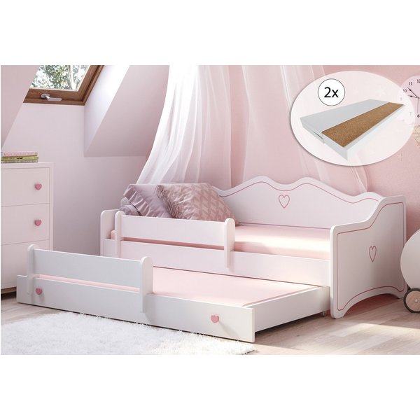 Kids Collective Kinderbett Mädchenbett 80x160 mit Ausziehbett & zwei Matratzen Kinderbett, Jugendbett Funktionsbett mit Rausfallschutz, Prinzessin weiß rosa