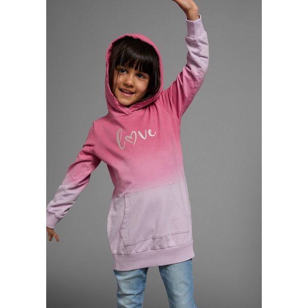 KIDSWORLD Kapuzensweatshirt, Longsweatshirt mit LOVE print Langarm, po-bedeckend, mit Glitzerdruck, aus Baumwolle