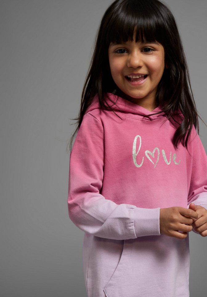KIDSWORLD Kapuzensweatshirt, Longsweatshirt mit LOVE print Langarm, po-bedeckend, mit Glitzerdruck, aus Baumwolle – Bild 3 von 5