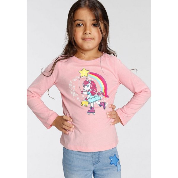 KIDSWORLD Langarmshirt Einhorn auf Rollschuhen Langarm, Basic-Passform, mit stylischem Druck und Glitzerdruck