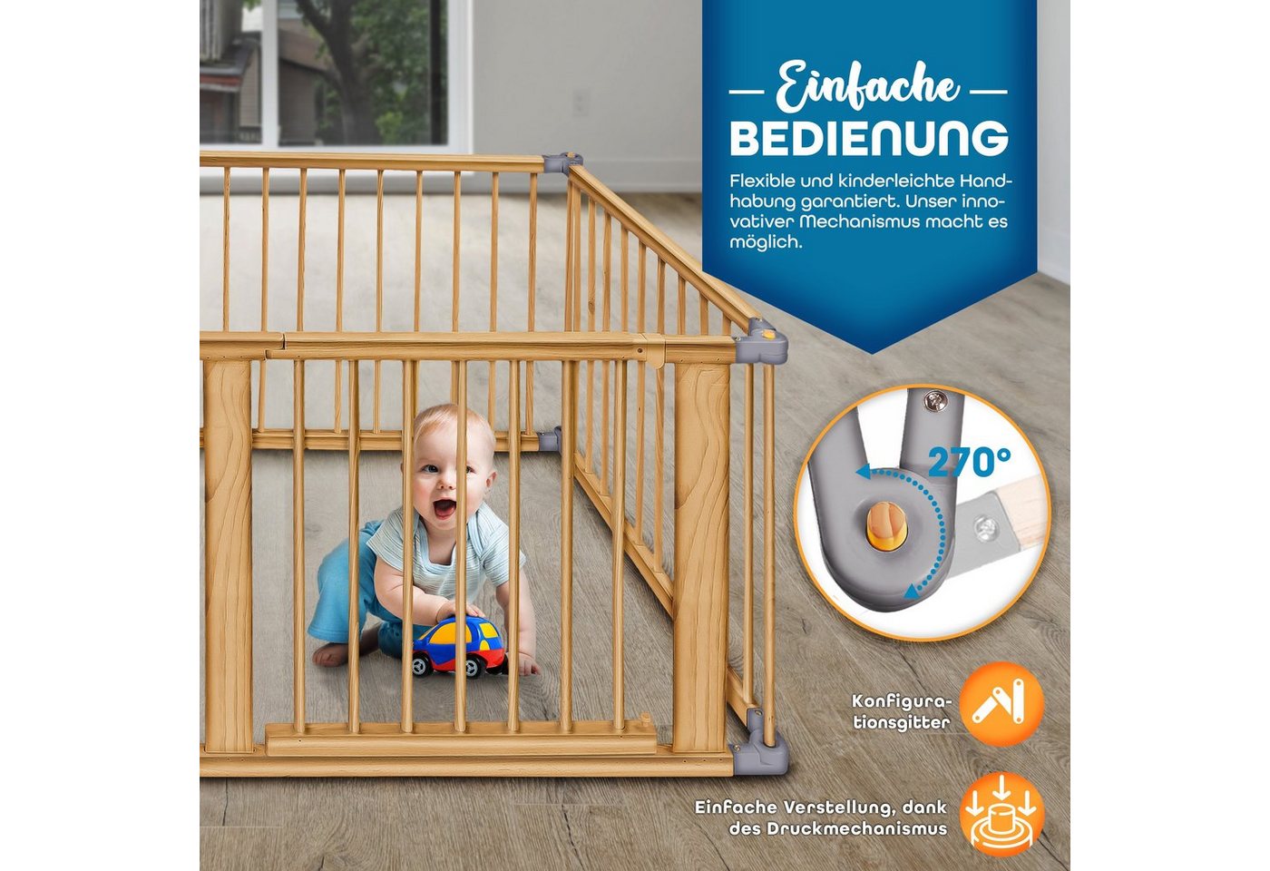KIDUKU Laufgitter 7,2 Meter Laufstall XXL klappbar inkl. Tür, bestehend aus 8 Elementen (mit doppelter Sicherung für Kinder Krabbelgitter), Absperrgitter indivi – Bild 4 von 5