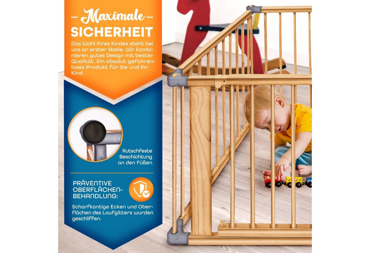 KIDUKU Laufgitter 7,2 Meter Laufstall XXL klappbar inkl. Tür, bestehend aus 8 Elementen (mit doppelter Sicherung für Kinder Krabbelgitter), Absperrgitter indivi – Bild 5 von 5
