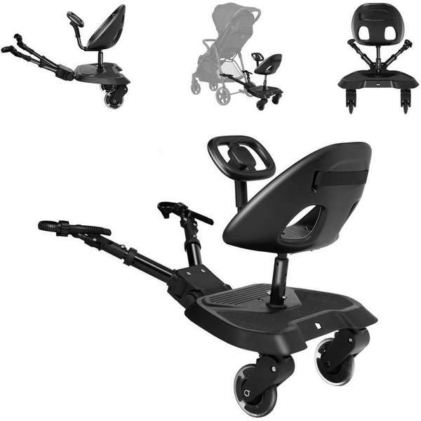 Kikkaboo Kinderwagenaufsatz Trittbrett Ally mit Sitz, Mitfahrbrett, 360° drehbar, universell passend, 2-Punkt-Gurt, Lenkrad
