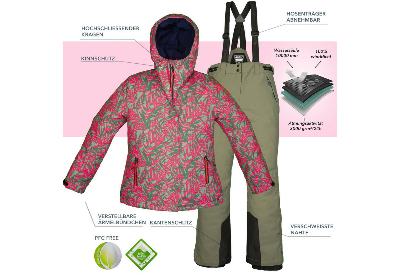 Killtec Skianzug Mädchen Skijacke hellgrün pink gemustert + Skihose hellgrün, verschweißte Nähte – Bild 2 von 5