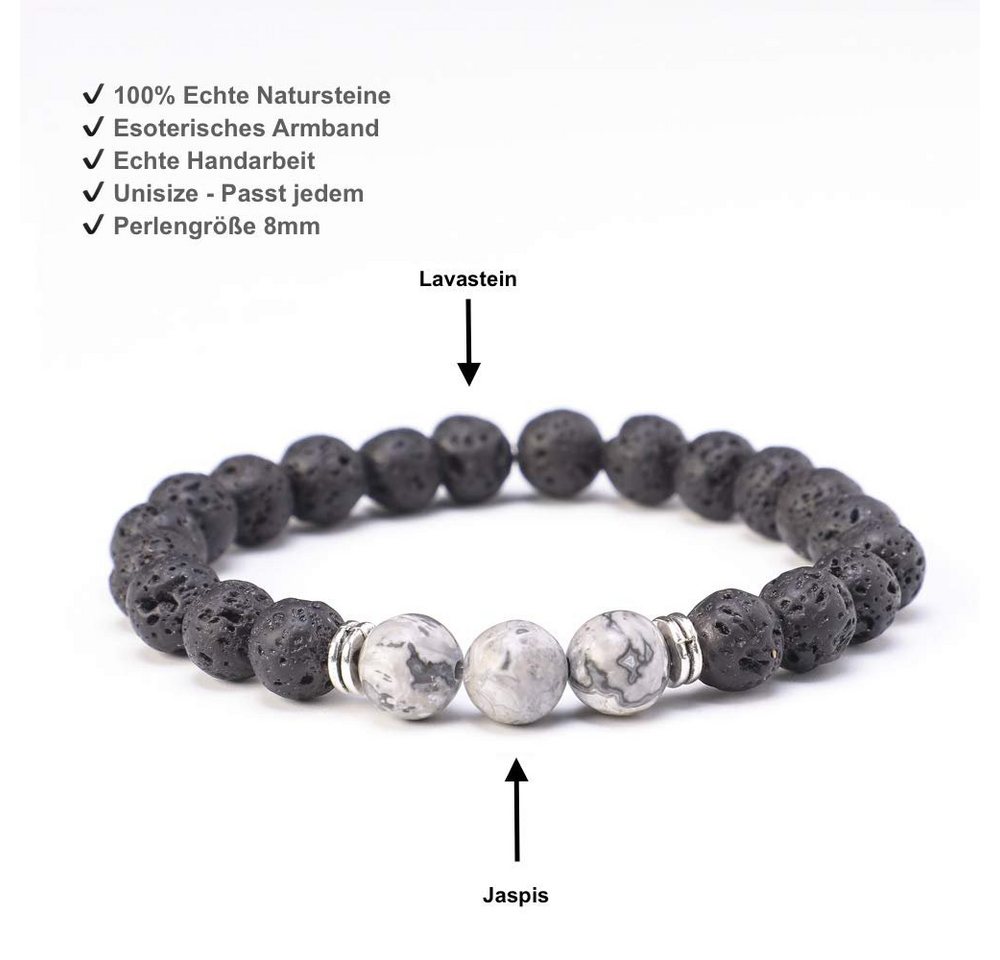 Kim Johanson Armband Chakra, mit Jaspi Perlen und Lavasteinen, Naturstein, elastisch, Geschenk – Bild 2 von 5