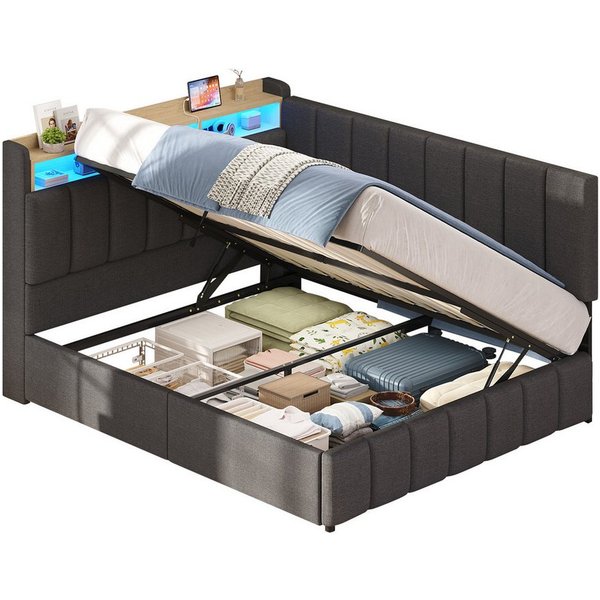 KIMENICH Jugendbett Polsterbett mit LED, Ladestation & Bettkas, Daybett, Schlafsofa (Ohne Matratze), Tagesbett für Schlaf- und Gästezimmer in 140 x 190 cm