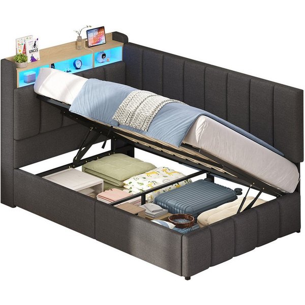KIMENICH Jugendbett Polsterbett mit LED, Ladestation & Bettkas, Daybett, Schlafsofa (Ohne Matratze), Tagesbett für Schlaf- und Gästezimmer in 90 x 190 cm