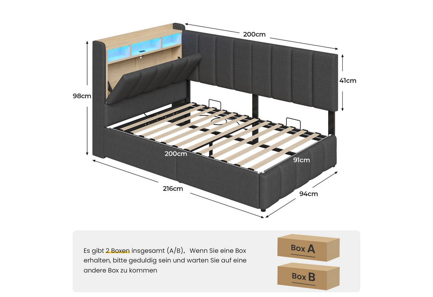 KIMENICH Jugendbett Polsterbett mit LED, Ladestation & Bettkas, Daybett, Schlafsofa (Ohne Matratze), Tagesbett für Schlaf- und Gästezimmer in 90 x 200 cm – Bild 2 von 5